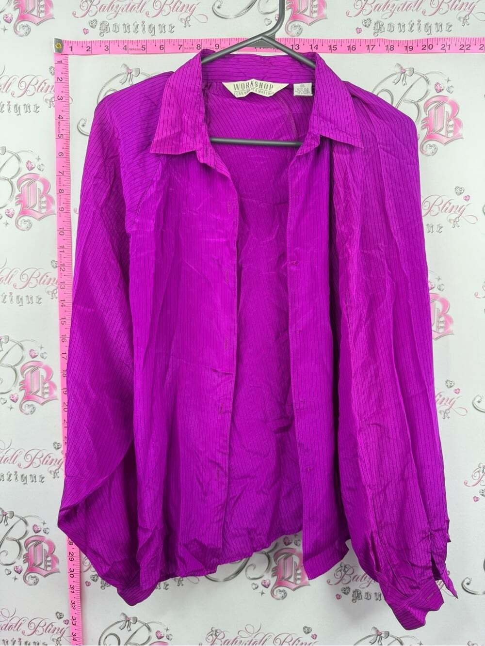Workshop 100% silk pin stripe purple Bright Fuchsia open front Blouse